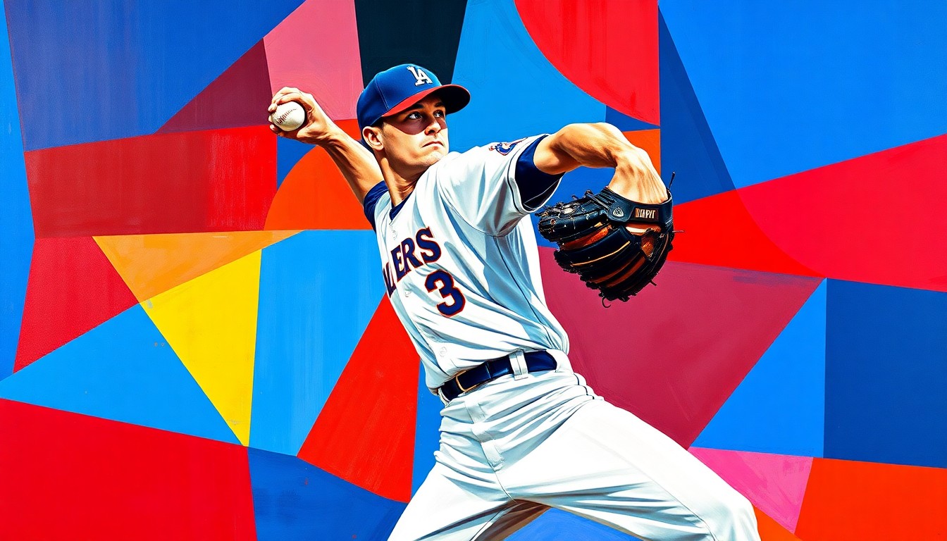 A fragmented, geometric painting depicting a baseball pitcher's motion, with sharp planes of color and form representing the intricate effects of the Cabrera trade on the MLB pitching landscape.