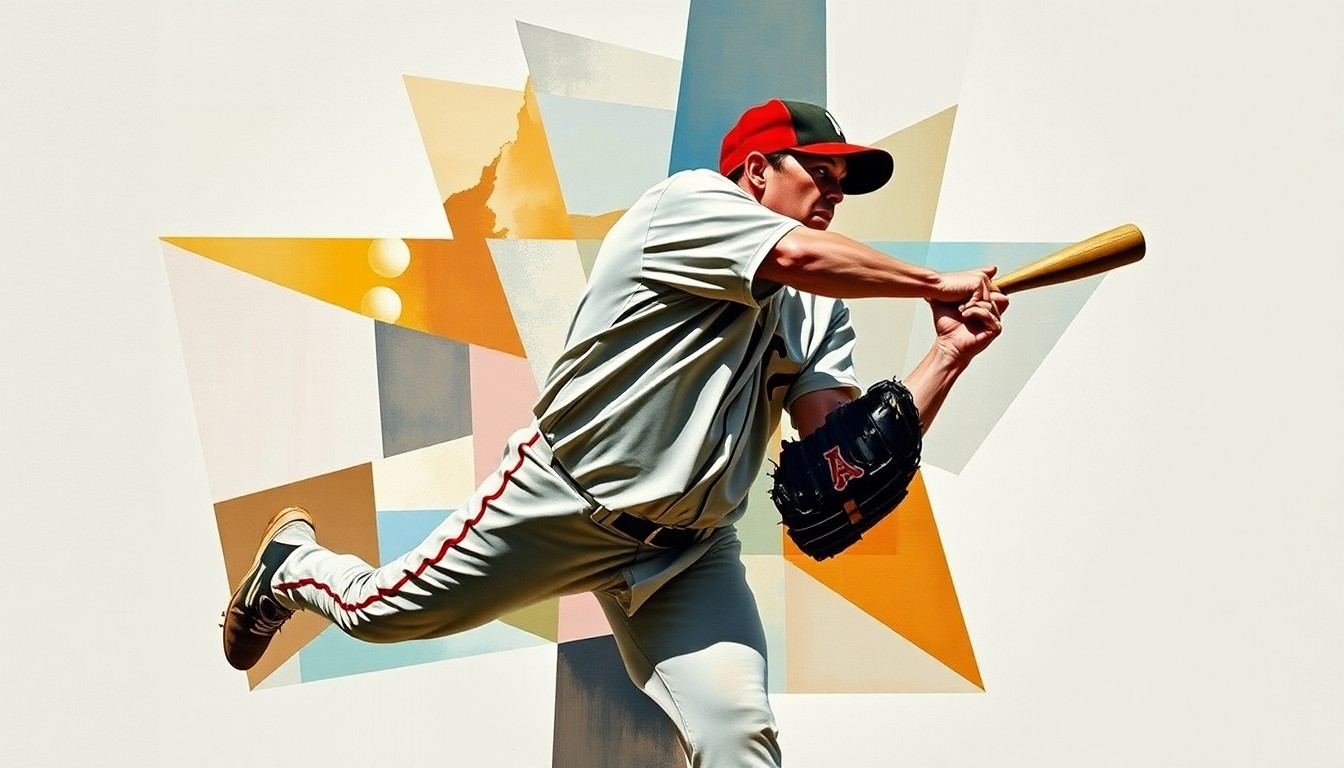 A fragmented, geometric painting depicting a baseball pitcher being hit by a comebacker, with sharp, overlapping planes of color representing the chaotic nature of the incident.