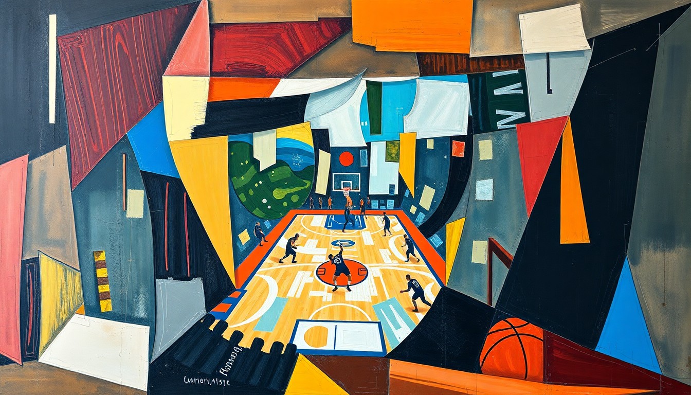 A cubist-style painting depicting a basketball game, with the players and court broken down into sharp, overlapping geometric shapes and planes, capturing the dynamic and unpredictable nature of the 2026 NBA Playoffs.