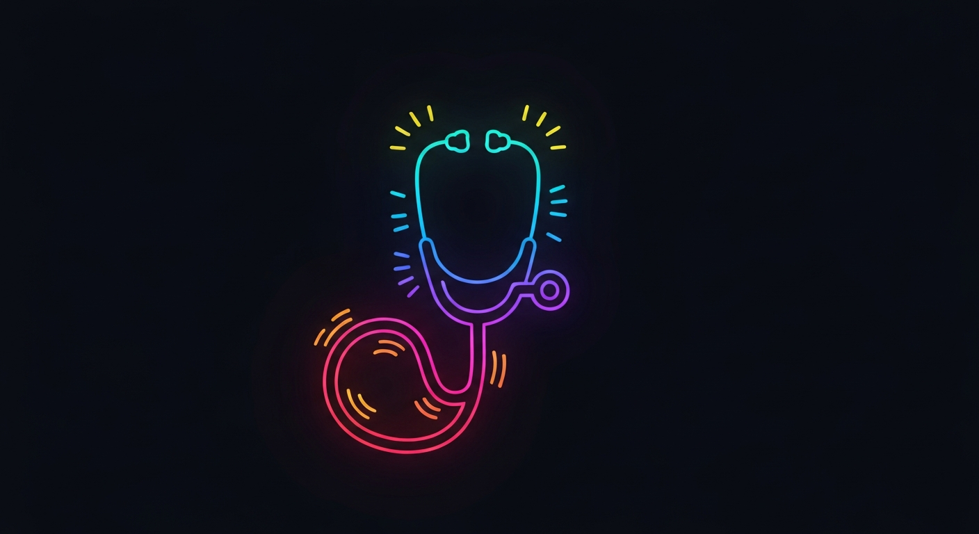 A minimalist, glowing neon outline of a stethoscope against a dark background, conceptually representing the ongoing discussion around regulating specialist fees in the healthcare system.