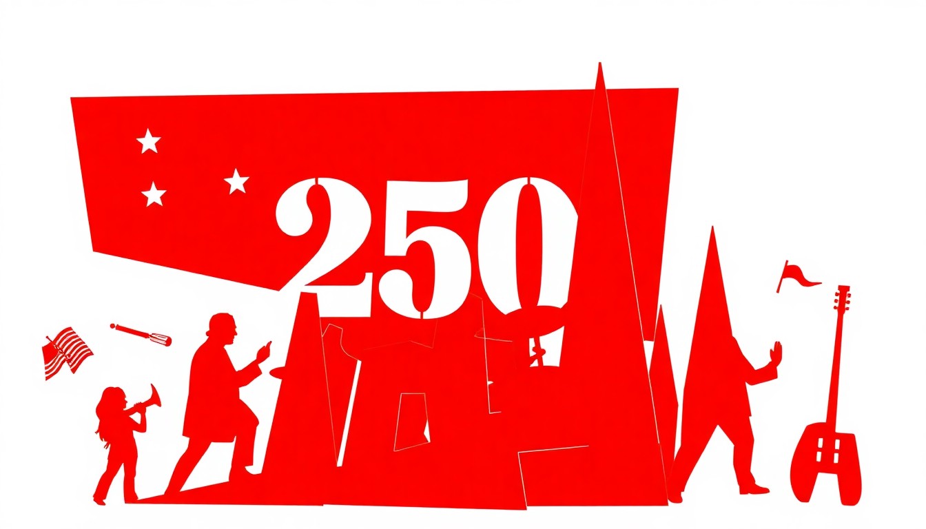 A bold, abstract illustration featuring jagged, geometric shapes in red and white, conceptually representing the energy and excitement of a musical celebration for America's 250th birthday.