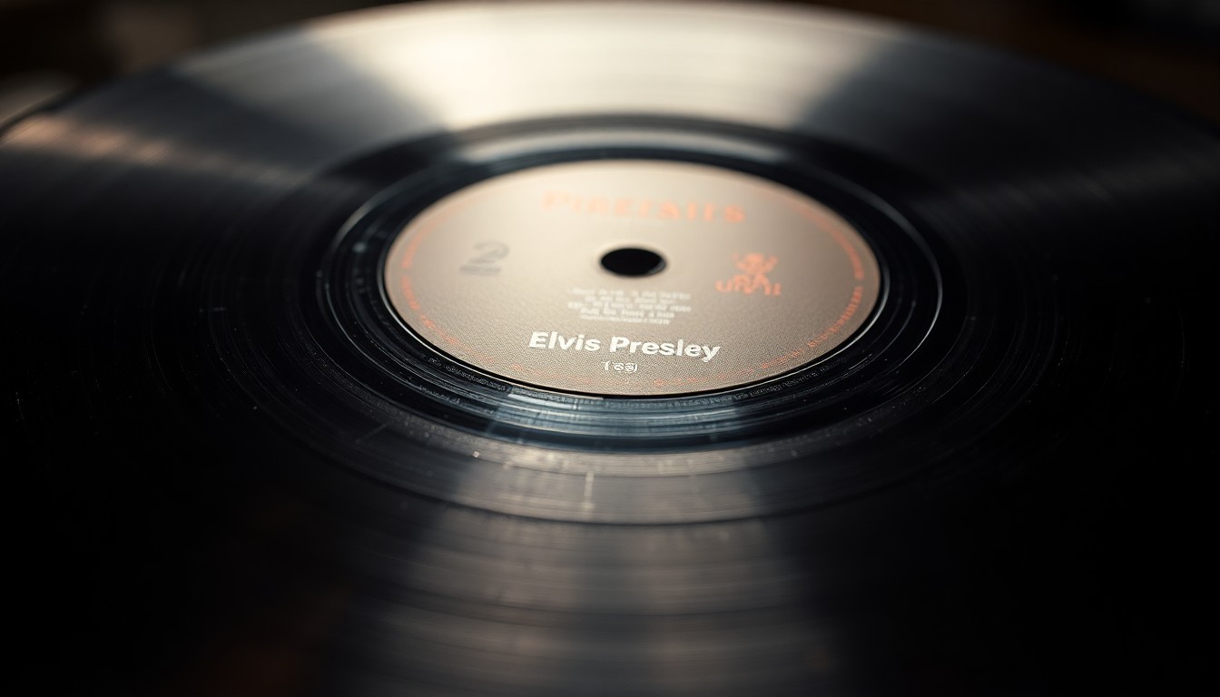 An extreme close-up photograph of the surface of a vintage Elvis Presley vinyl record, with the grooves and label texture filling the frame in dramatic high-contrast lighting, capturing the tactile, luxurious quality of classic music media.
