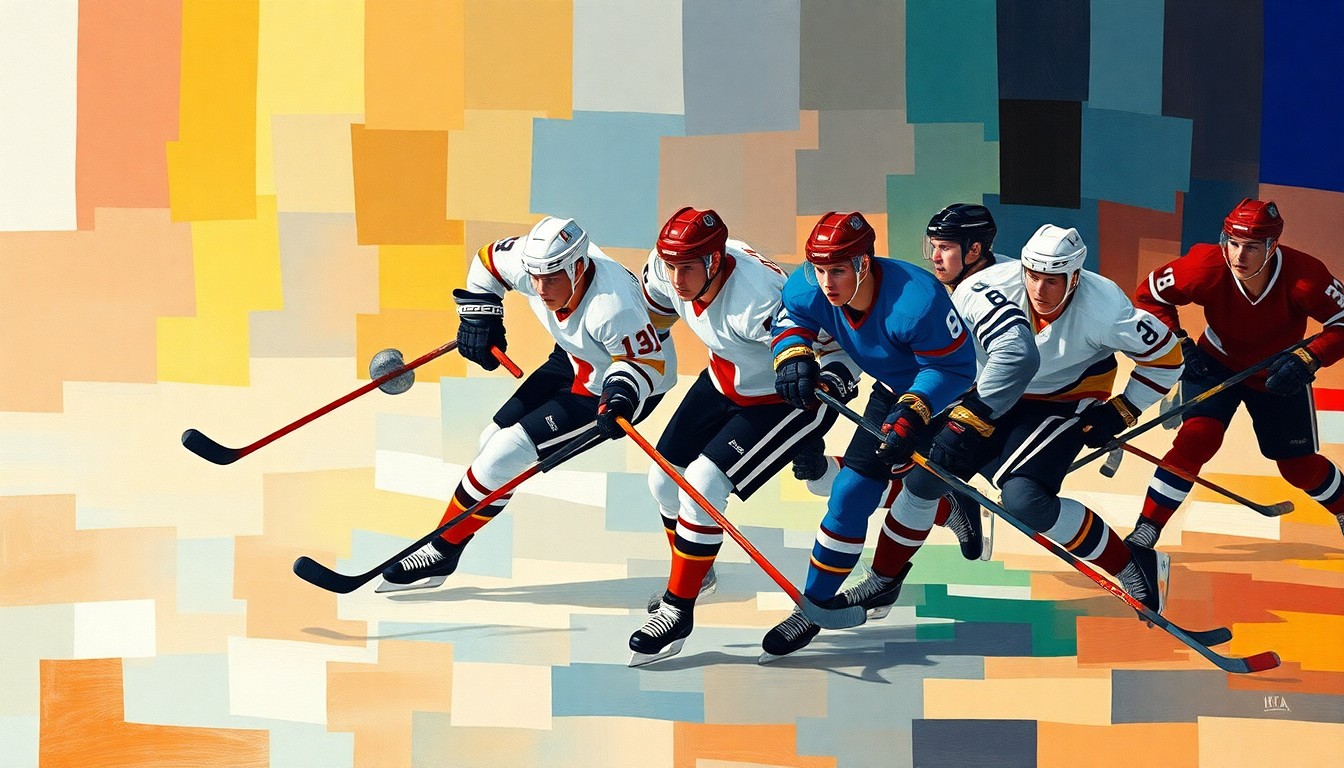 A dynamic, abstract painting featuring overlapping, fragmented images of hockey players in motion, conveying the turbulent political controversy surrounding the team's actions.