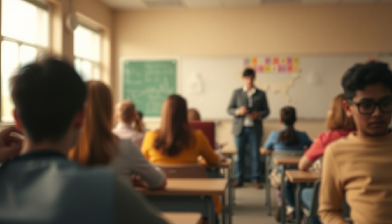 An abstract, out-of-focus scene depicting a classroom, with blurred shapes of students and teachers in warm, muted tones, conveying a sense of uncertainty and change in the educational environment.
