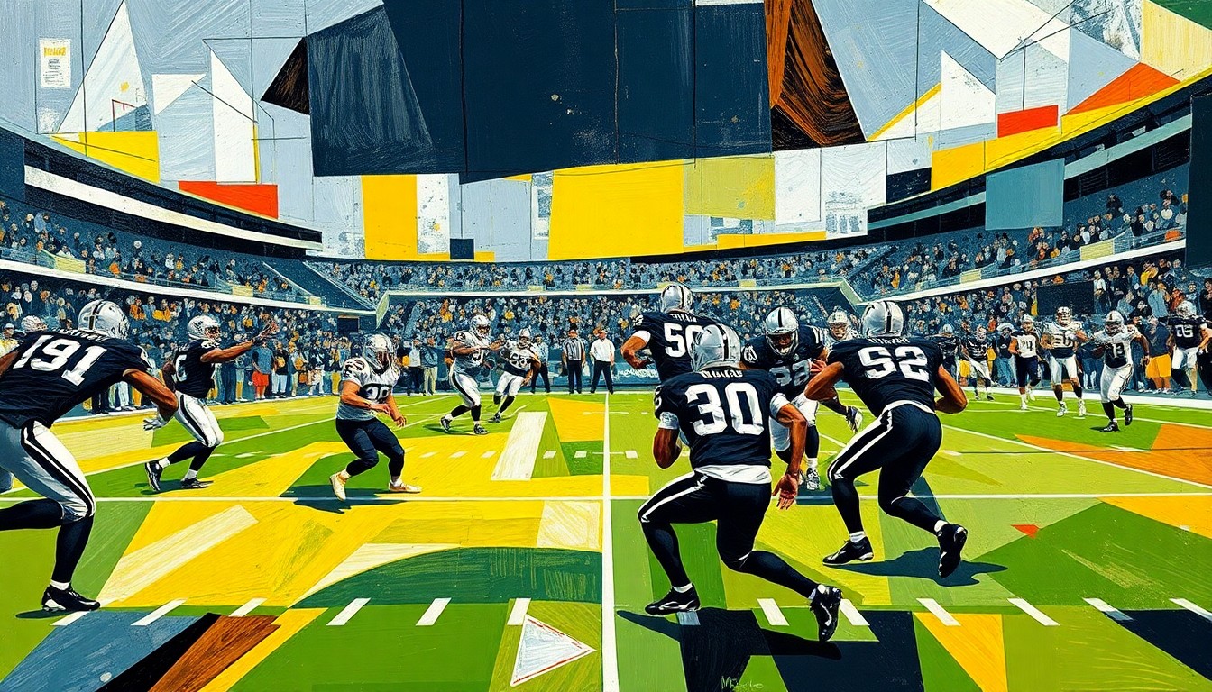 A cubist-style painting depicting a football game or match, with the players and field represented as abstract, angular shapes in a vibrant color palette of silver and black, capturing the energy and movement of the sport through a fractured, multi-perspective visual style.