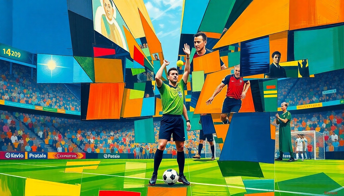 A fractured, cubist-style painting depicting a soccer referee making a call, with their body and movements broken down into sharp, overlapping geometric shapes in vibrant colors, conceptually representing the complex and evolving nature of officiating in the modern game.