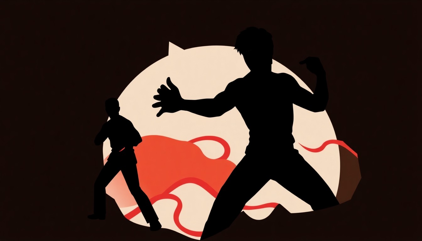 An abstract, minimalist illustration featuring stark, jagged geometric shapes in bold red and white, creating a conceptual representation of the pivotal moment when Chuck Norris turned down Bruce Lee's offer to star in Enter the Dragon.