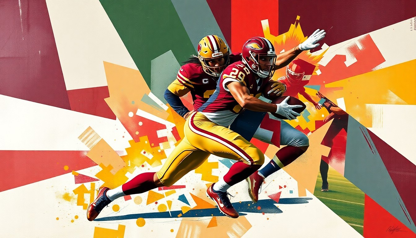 A cubist-style painting depicting a football player in mid-motion, their body fractured into overlapping geometric shapes in the Commanders' team colors of burgundy, gold, and white, conveying the explosive energy and intensity of defensive play.