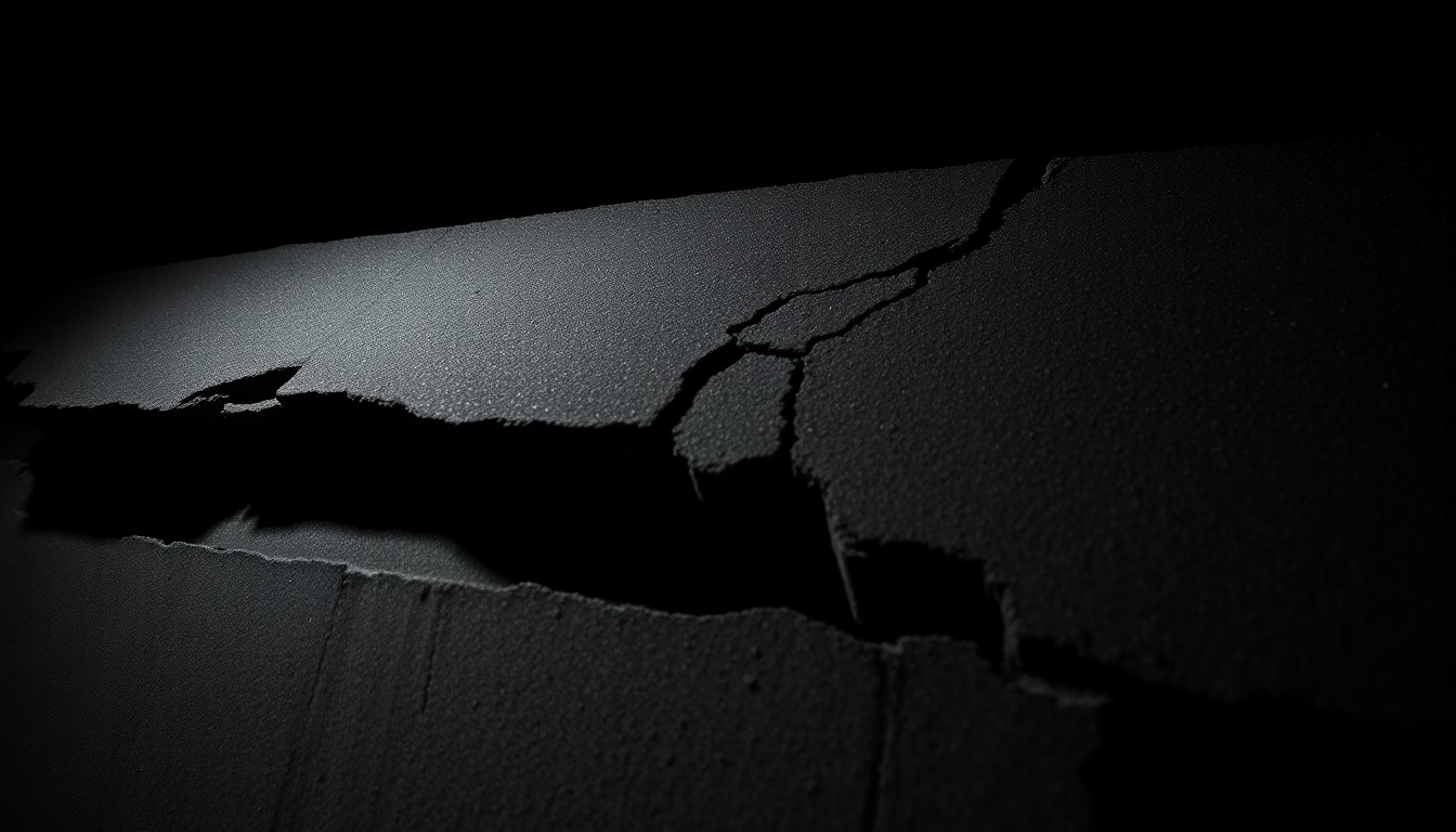 An extreme close-up photograph of a cracked and damaged concrete slab, reflecting the harsh, gritty, and investigative nature of the parking garage collapse incident.
