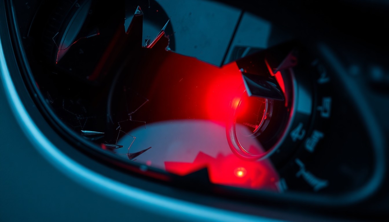 An extreme close-up of a shattered car sensor lens reflecting a faint red light, conceptually illustrating the aftermath of a tragic vehicular accident.