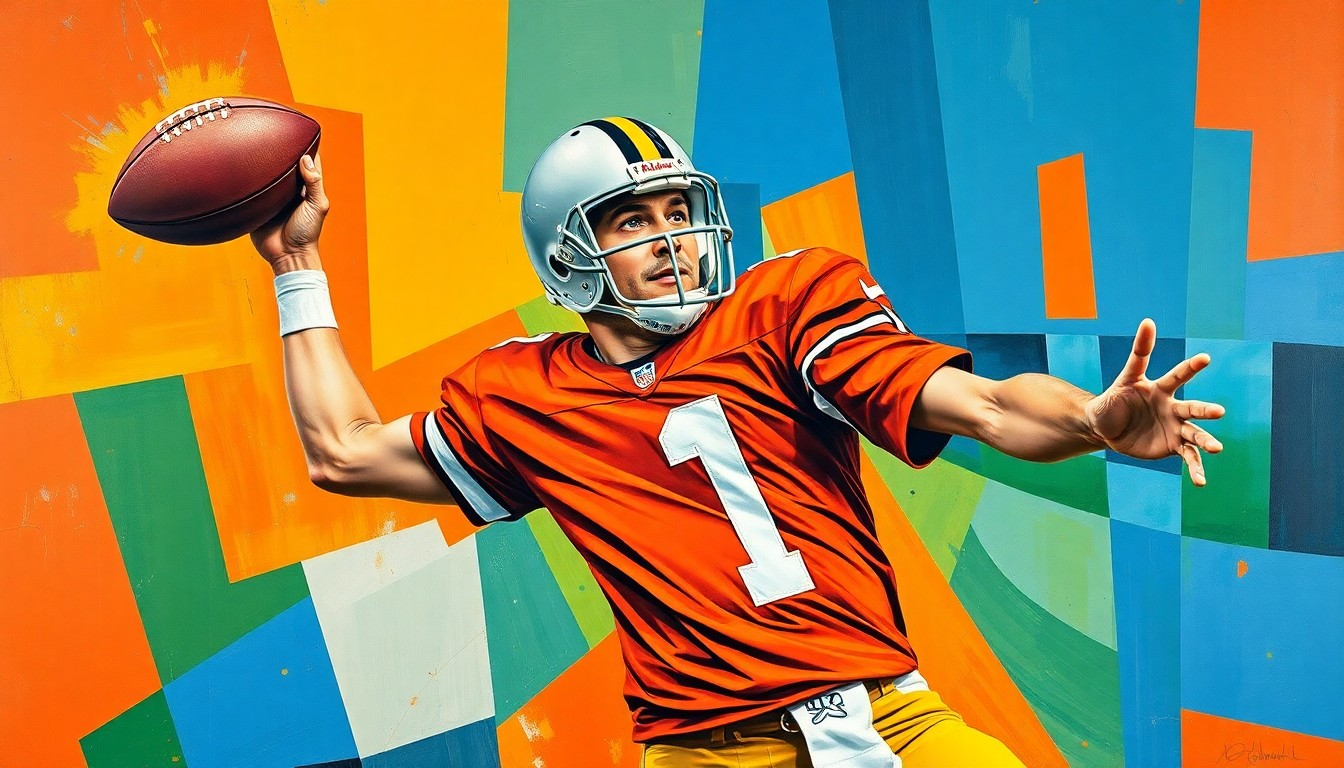 A dynamic, cubist-inspired illustration depicting a football quarterback's throwing motion, with sharp, overlapping geometric shapes in vibrant colors representing the explosive energy and multiple perspectives of the sport.