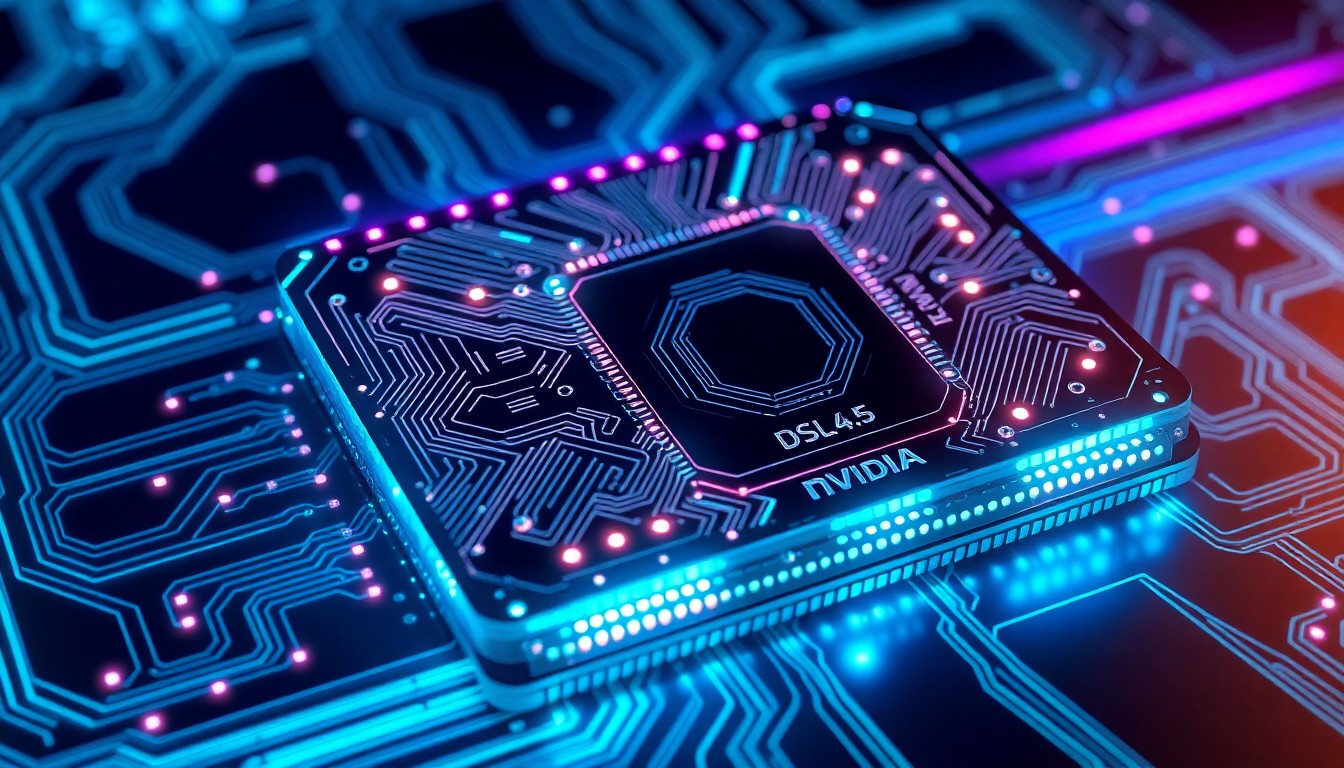 A highly detailed, glowing 3D illustration of a futuristic graphics processing unit (GPU) with intricate circuit patterns and neon blue and purple lights, conceptually representing the advanced AI-powered technologies powering NVIDIA's DLSS 4.5 upscaling and frame generation features.