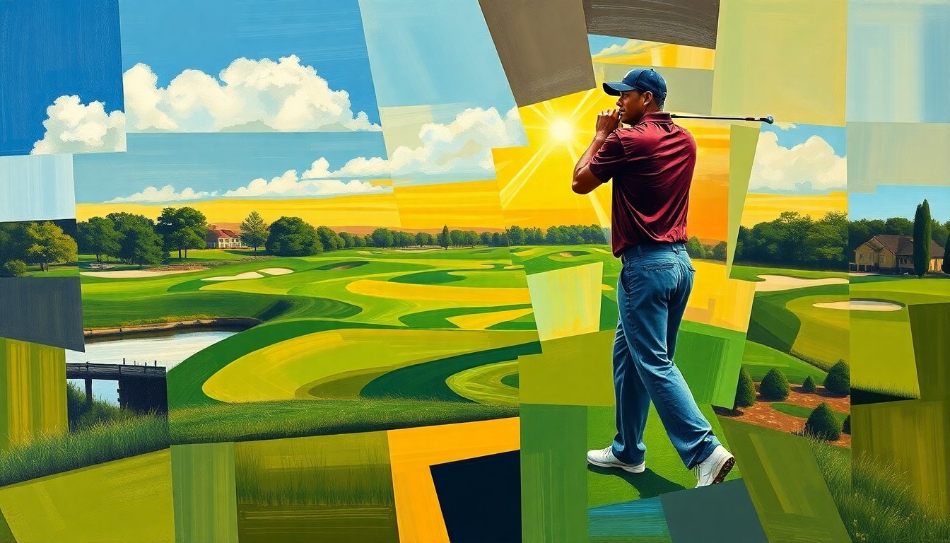 A cubist-style painting depicting a fragmented, geometric interpretation of a golf course scene, with overlapping planes and shapes representing the multifaceted nature of Tiger Woods' personal struggles and public image.