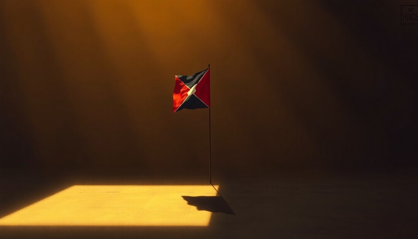 A serene, cinematic painting depicting a solitary Palestinian flag or other symbolic object related to the conflict, bathed in warm, diagonal sunlight and deep shadows, conveying the complex emotions and power dynamics at play.