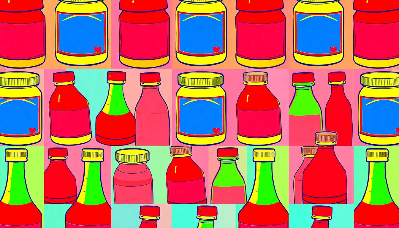 A high-contrast silkscreen print of a jar of mayonnaise repeated in a grid pattern, using a bold, neon color palette to transform a simple condiment into a modern pop art icon.