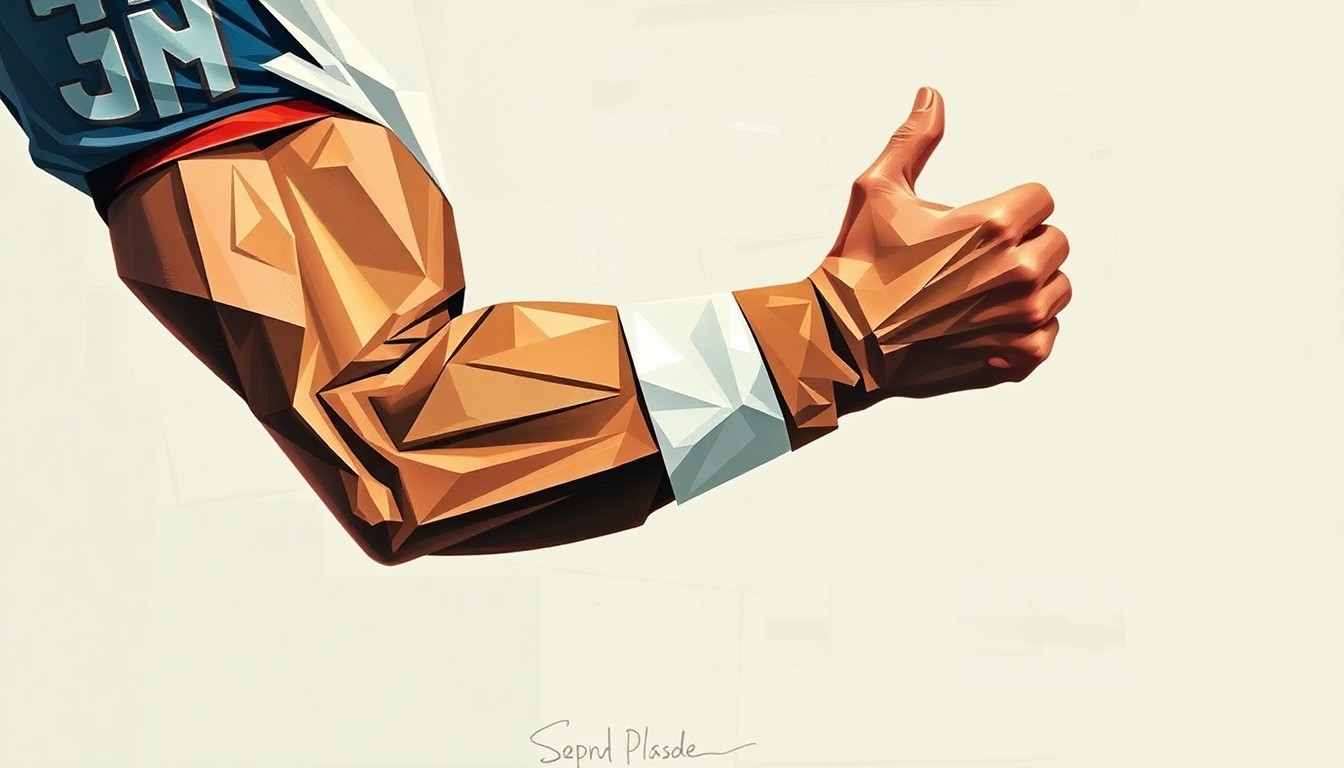 A cubist-style painting depicting a football player's injured arm broken down into sharp, overlapping geometric shapes, conveying the intricate and multifaceted nature of Jagusah's recovery journey.