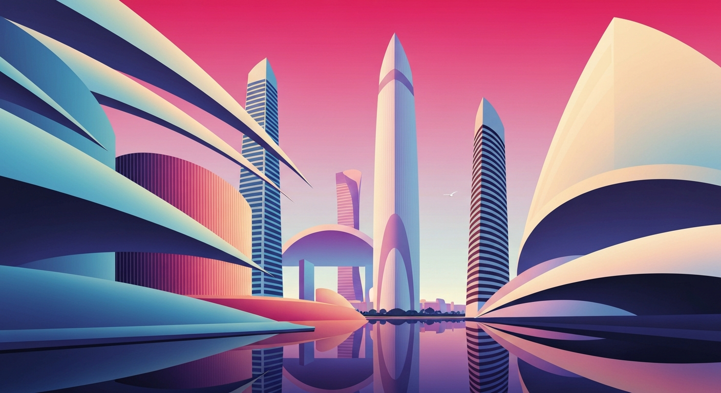 A highly stylized, geometric illustration depicting the grand scale and architectural elegance of a modern hotel, conveying a sense of travel, luxury, and culinary sophistication without any literal depictions.