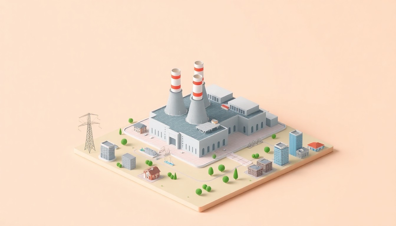 A clean, modern 3D illustration depicting a stylized power plant with multiple cooling towers and turbines, surrounded by a cityscape of skyscrapers and residential buildings, representing the scale and importance of the new energy infrastructure project in Southeast Texas.