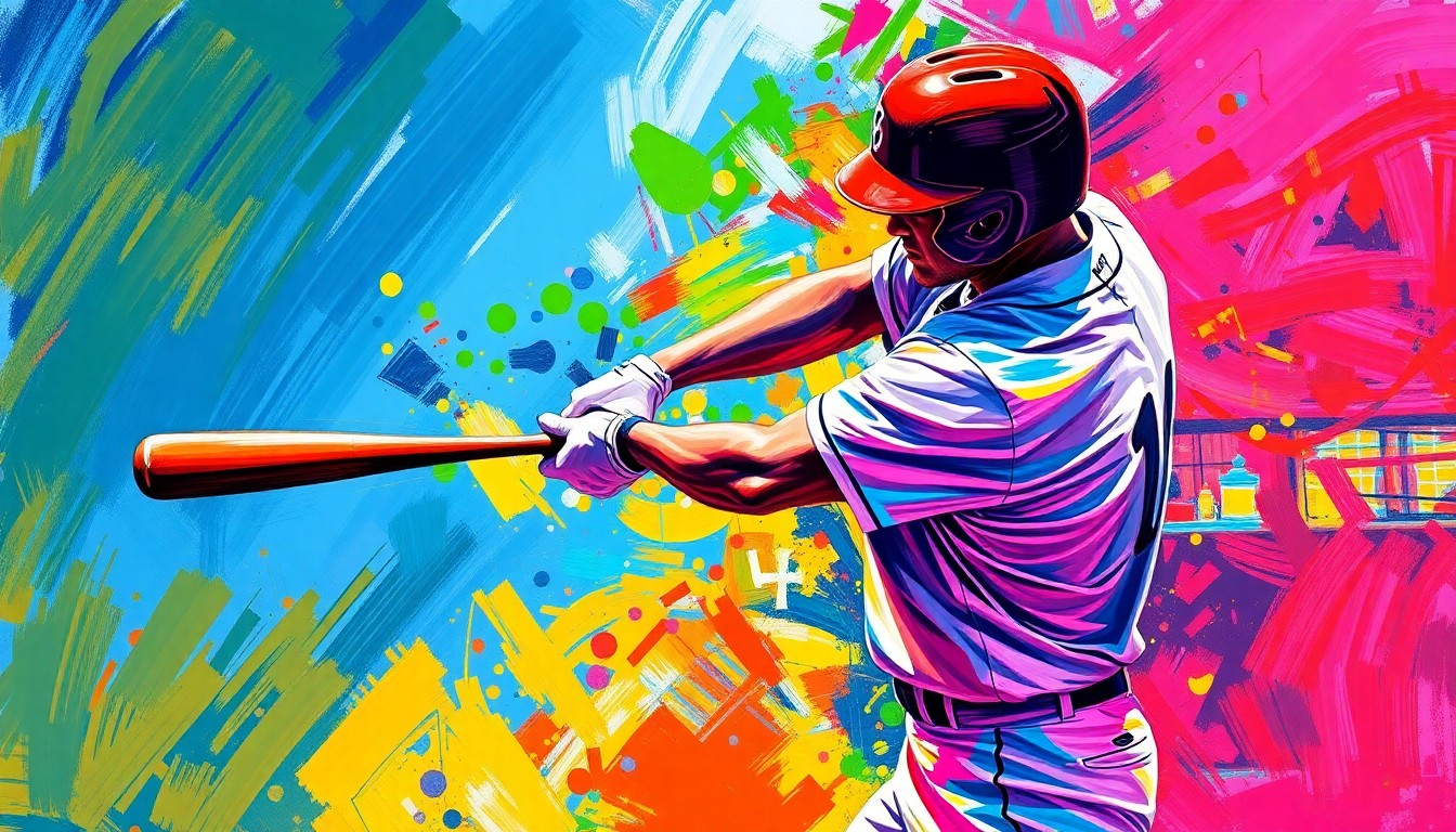 An abstract, energetic painting with bold brushstrokes in neon colors, capturing the dynamic motion and power of a baseball player hitting a home run.