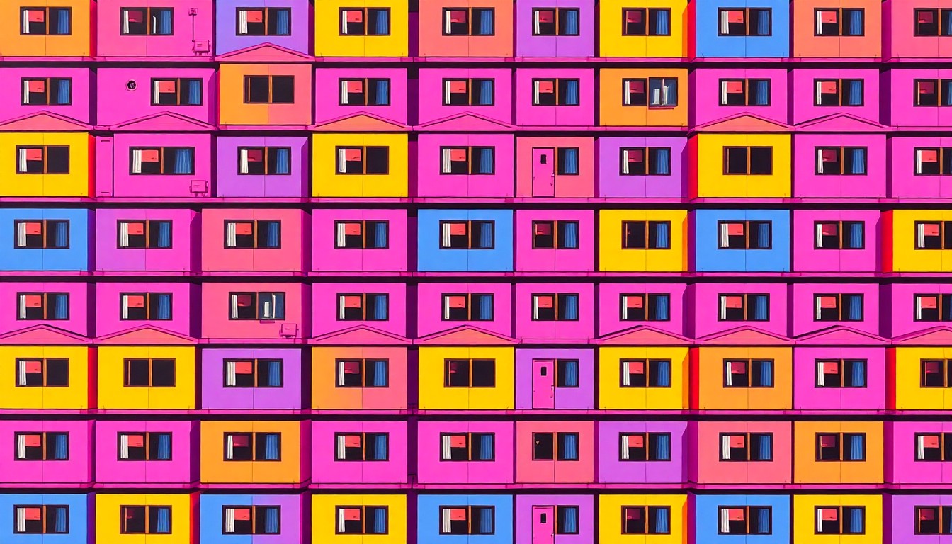 A bold, colorful silkscreen illustration featuring a repeating pattern of a single modular home unit in bright neon hues, conceptually representing the versatility and innovation of alternative housing technologies.