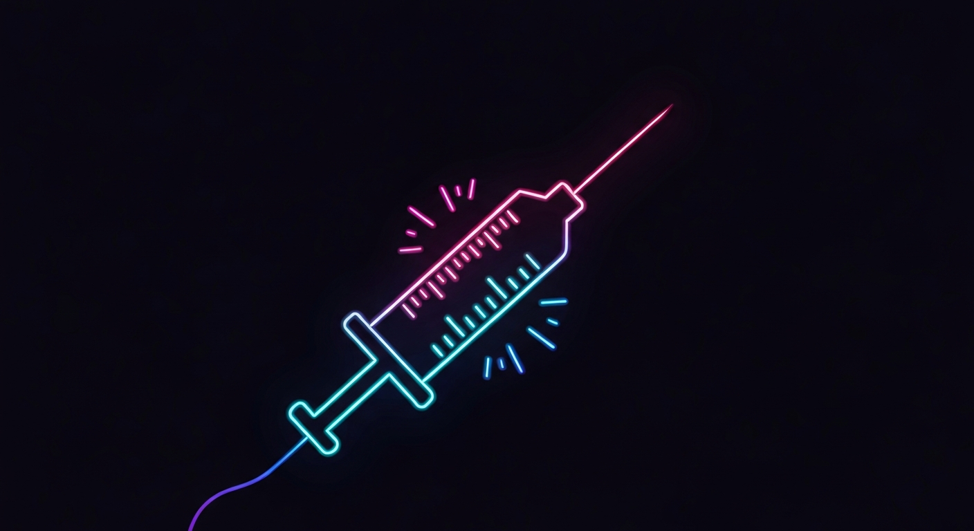 A glowing, neon outline of a syringe or IV drip against a dark background, conceptually representing the medical technology and electricity of a COVID-19 treatment.