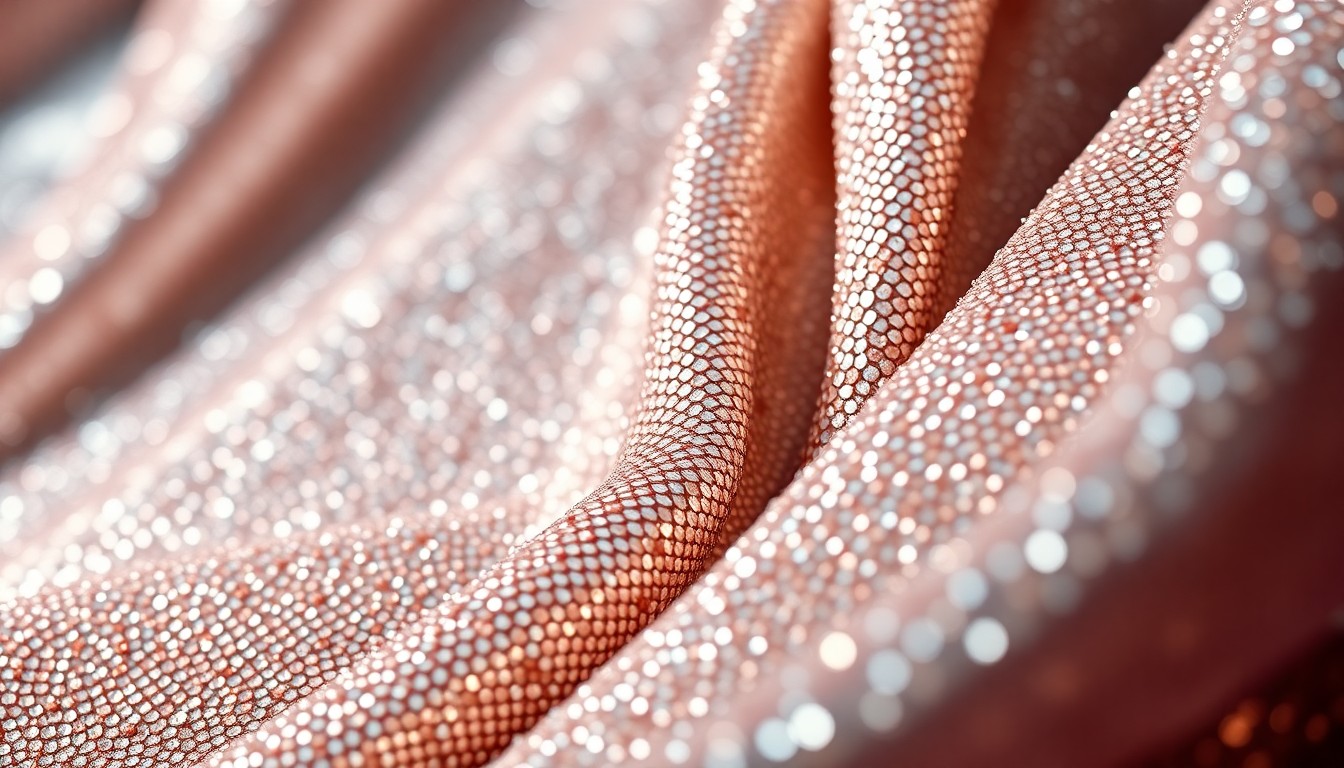 An extreme close-up of shimmering, high-contrast sequins and velvet textures, conceptually representing the glamour and self-confidence embodied in Elle Macpherson's latest modeling campaign.