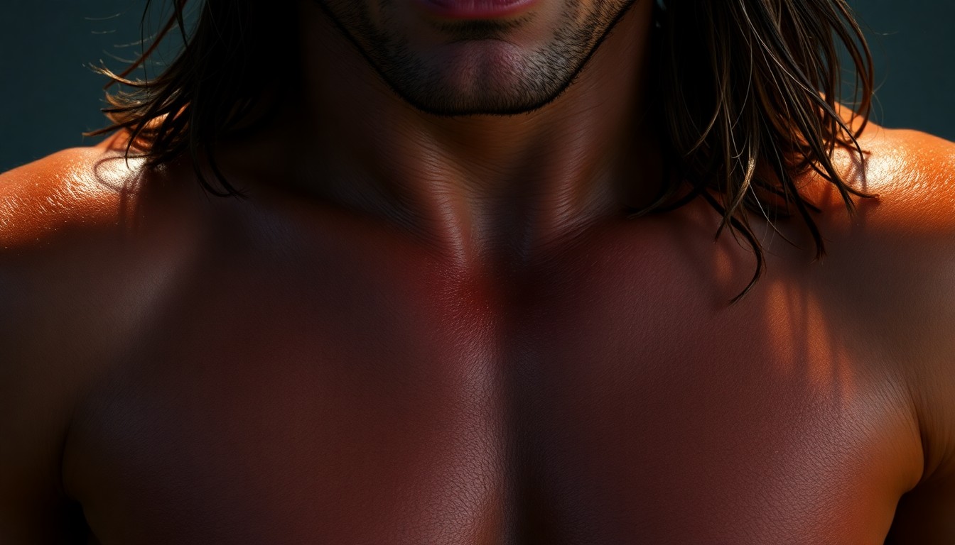 An extreme close-up of glistening, sun-drenched skin and toned muscle texture in dramatic high-contrast studio lighting, conceptually representing the glamour and physicality of a celebrity's vacation.