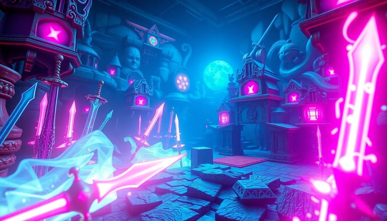 A highly detailed, 3D illustration of a virtual reality game world featuring glowing swords, bows, and magical spells, conceptually representing the immersive and fantastical nature of the Heroes Together VR game.