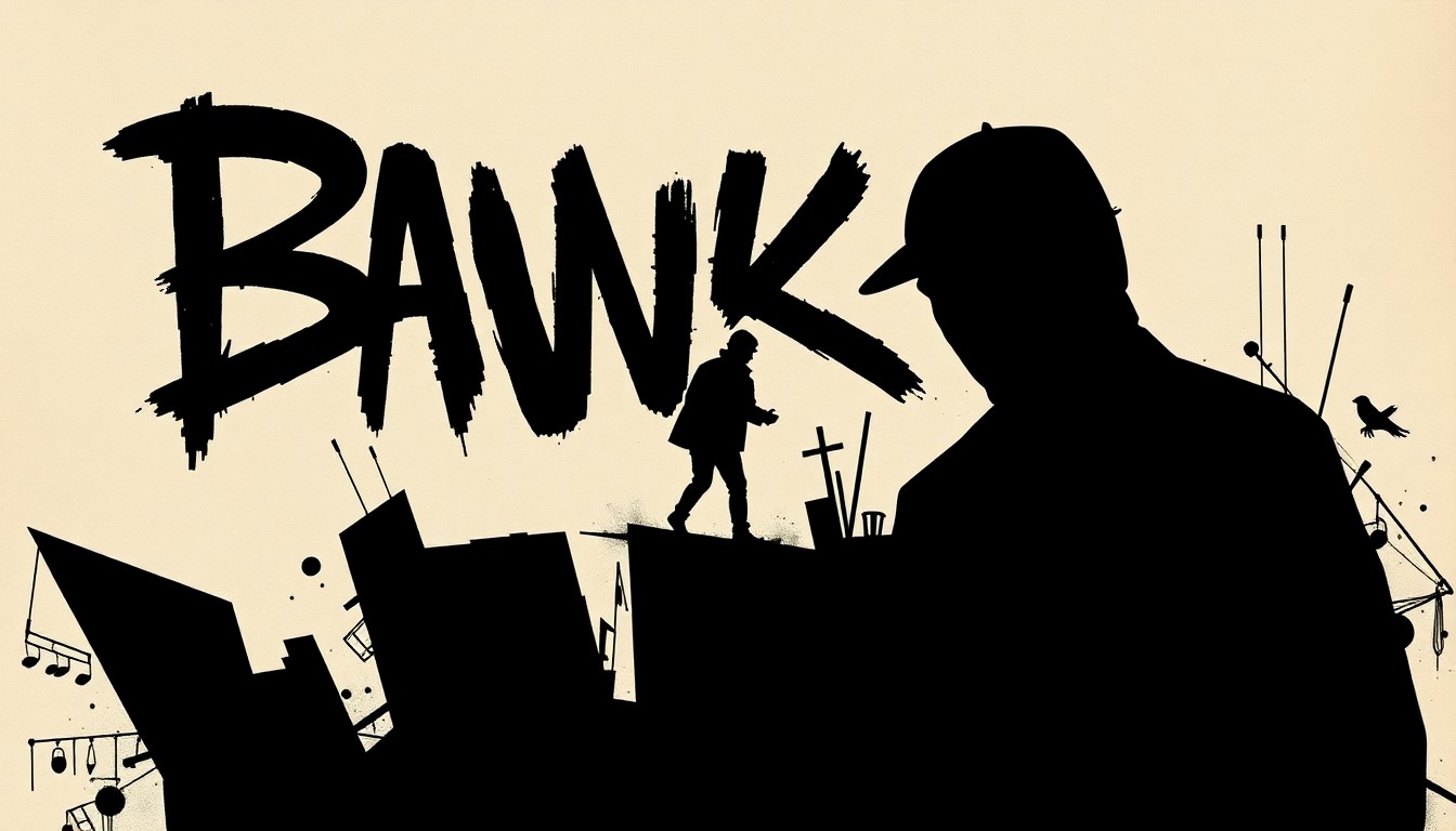 An abstract, minimalist composition featuring sharp, jagged black silhouettes against a stark white background, conceptually representing the enigmatic nature of the graffiti artist Banksy and the mystery surrounding their identity.