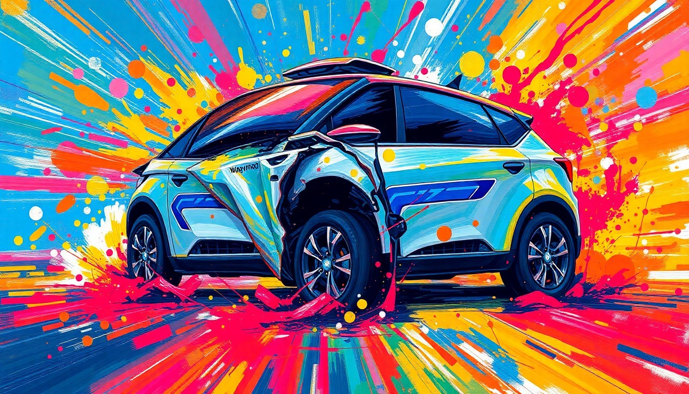 An extreme close-up of a shattered car sensor lens reflecting a faint red light, conceptually illustrating the vandalism of self-driving cars.