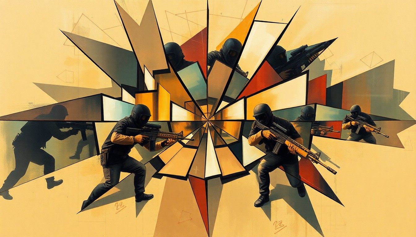 A cubist, geometric painting depicting a Counter-Strike 2 esports match between two teams, with the action broken down into sharp, overlapping planes of color and shape, capturing the dynamic and fast-paced nature of the game.