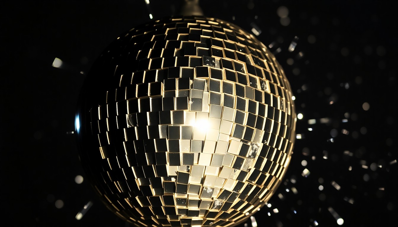 An extreme close-up photograph of a shattered disco ball reflecting glittering shards of light, conceptually representing the anticipation and spectacle of a potential WWE comeback by Dwayne 'The Rock' Johnson.