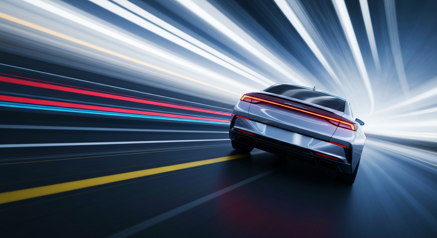 An abstract, colorful image with sweeping, blurred lines representing the motion of an electric vehicle, conveying a sense of speed and modern technology.