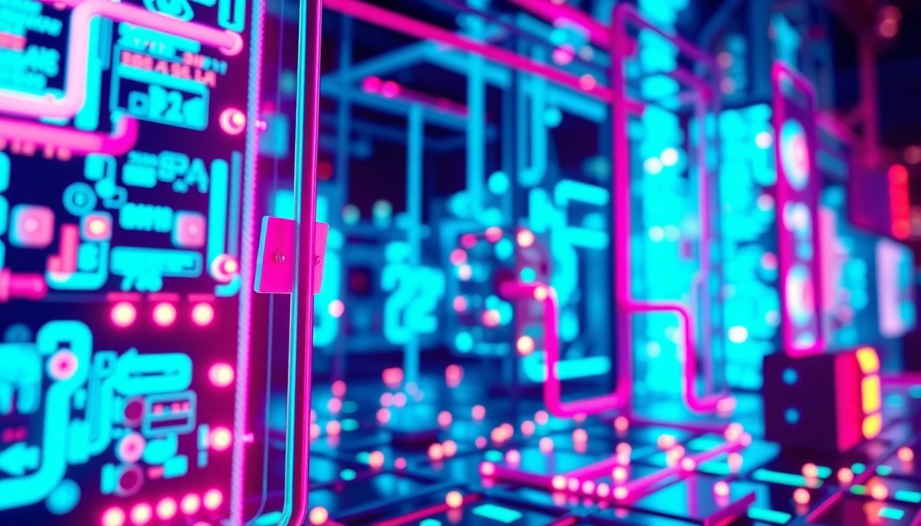 A highly detailed, glowing 3D illustration of futuristic technology infrastructure, with luminous cyan and magenta lights illuminating the intricate components, representing the digital transformation and AI-driven innovations that are shaping the tech industry.