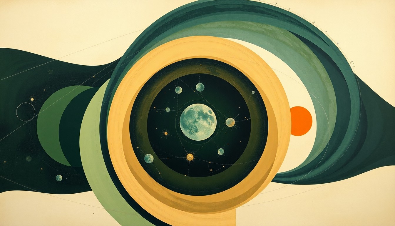 An abstract, highly structured painting in soft, earthy tones of green, blue, and brown, featuring sweeping geometric arcs, concentric planetary circles, and precise botanical spirals, conveying the complex scientific forces and concepts behind the Earth's energy crisis.