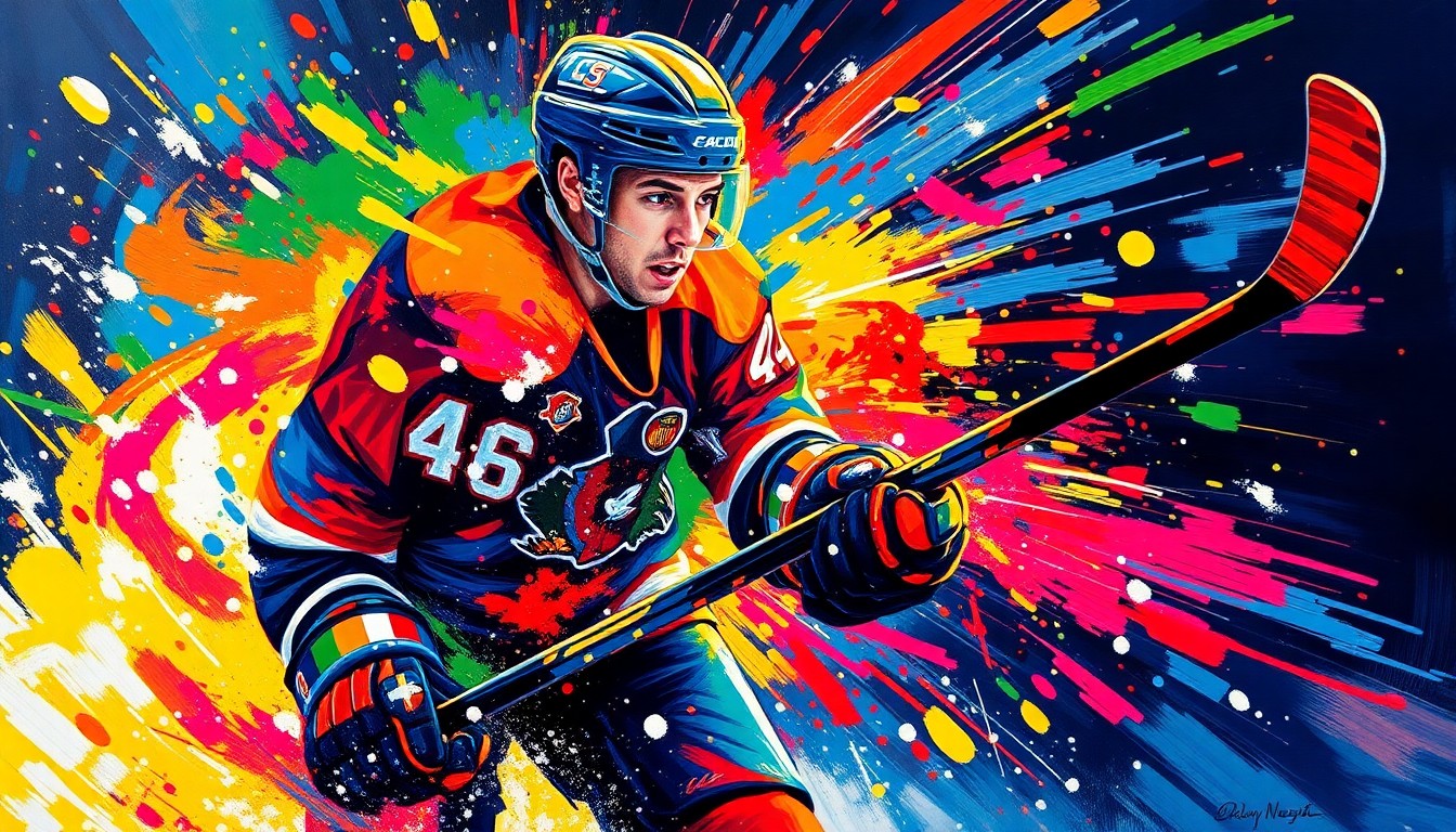 An abstract, expressionist painting using vibrant neon brushstrokes to capture the dynamic motion and energy of a hockey player scoring a goal, with the player's features dissolving into a colorful, textured blur.