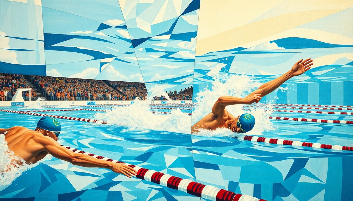 A cubist-style painting depicting a fragmented, geometric representation of a swimming competition, with overlapping planes and shapes in vibrant colors, conveying the dynamic and ever-changing nature of the NCAA transfer portal.