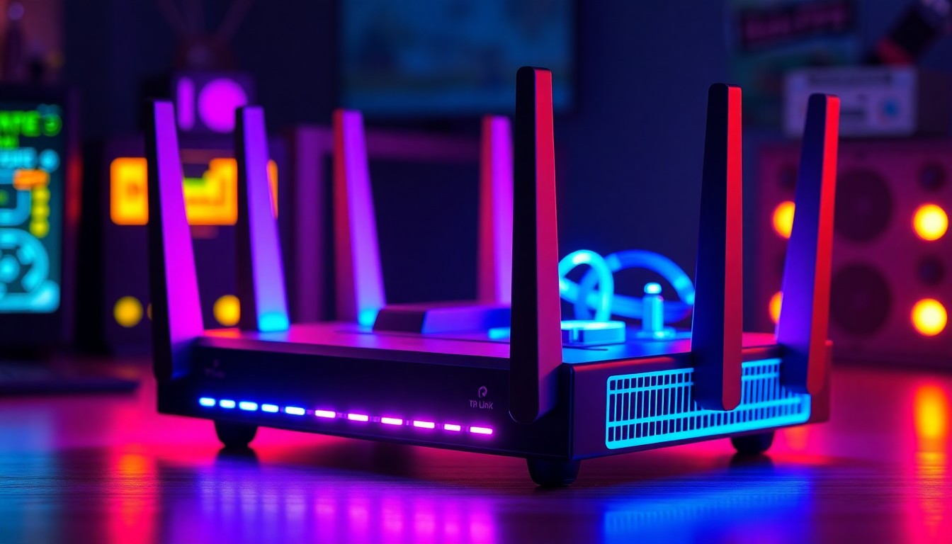 A highly detailed, 3D macro illustration of the internal components of a TP-Link router, with its circuits and hardware illuminated by vibrant neon blue and pink lights, conceptually representing the physical technology infrastructure that was compromised by Russian military intelligence in a nationwide DNS hijacking operation.