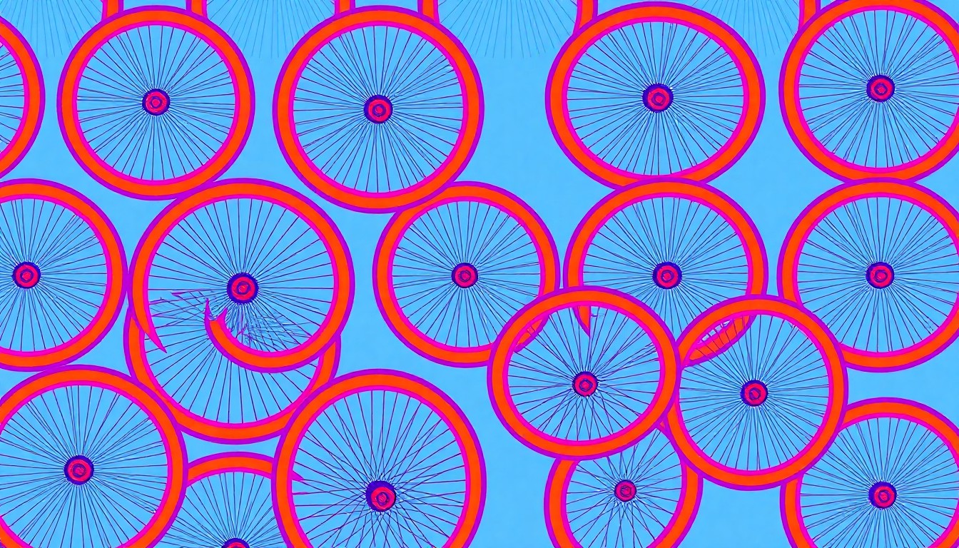 A bold, colorful silkscreen print featuring a repeated pattern of a bicycle wheel in neon pink, orange, and blue, conceptually representing the speed and athleticism of a record-breaking cyclist.