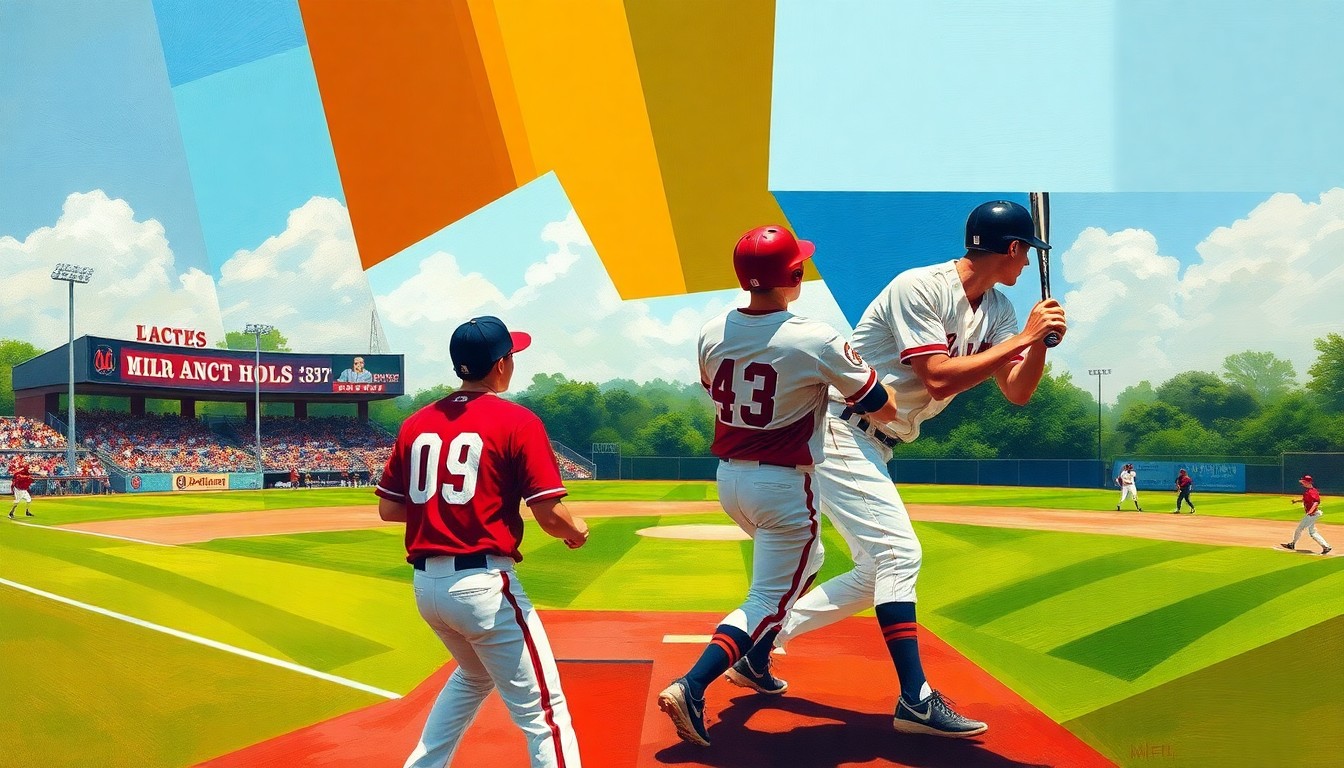A fractured, multi-perspective painting in bold, geometric shapes and colors representing a baseball game, with no recognizable players, teams, or logos.