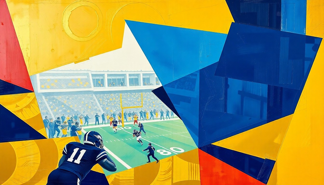 A cubist, geometric painting depicting a fragmented football game, with sharp planes of navy blue, powder blue, and gold representing the players and field.