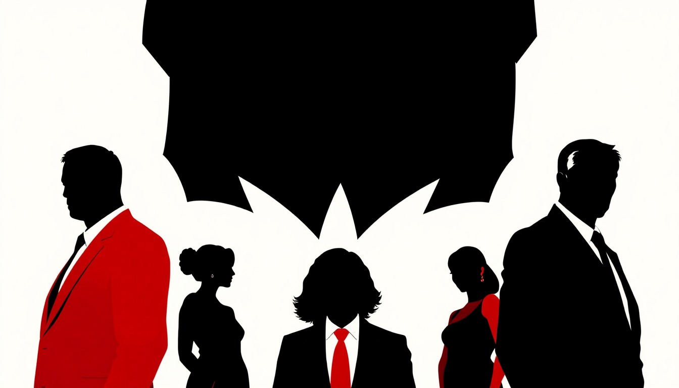 A striking abstract composition of jagged geometric shapes and bold silhouettes in high-contrast red and white, conceptually representing the dramatic tensions and conflicts between characters on the TV show The Pitt.