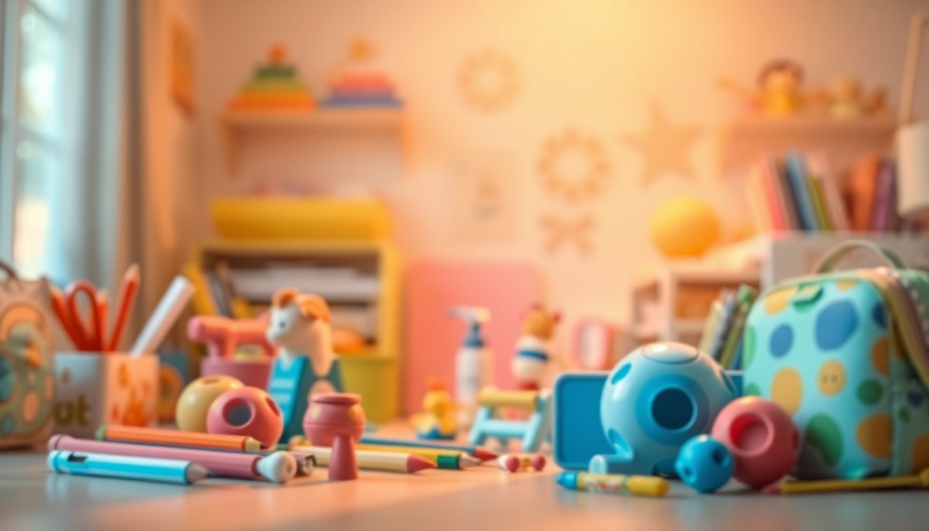 An abstract, out-of-focus photograph featuring blurred shapes and colors of children's toys and school supplies, creating a warm, comforting atmosphere that reflects the mission of the Kids First of Florida organization.