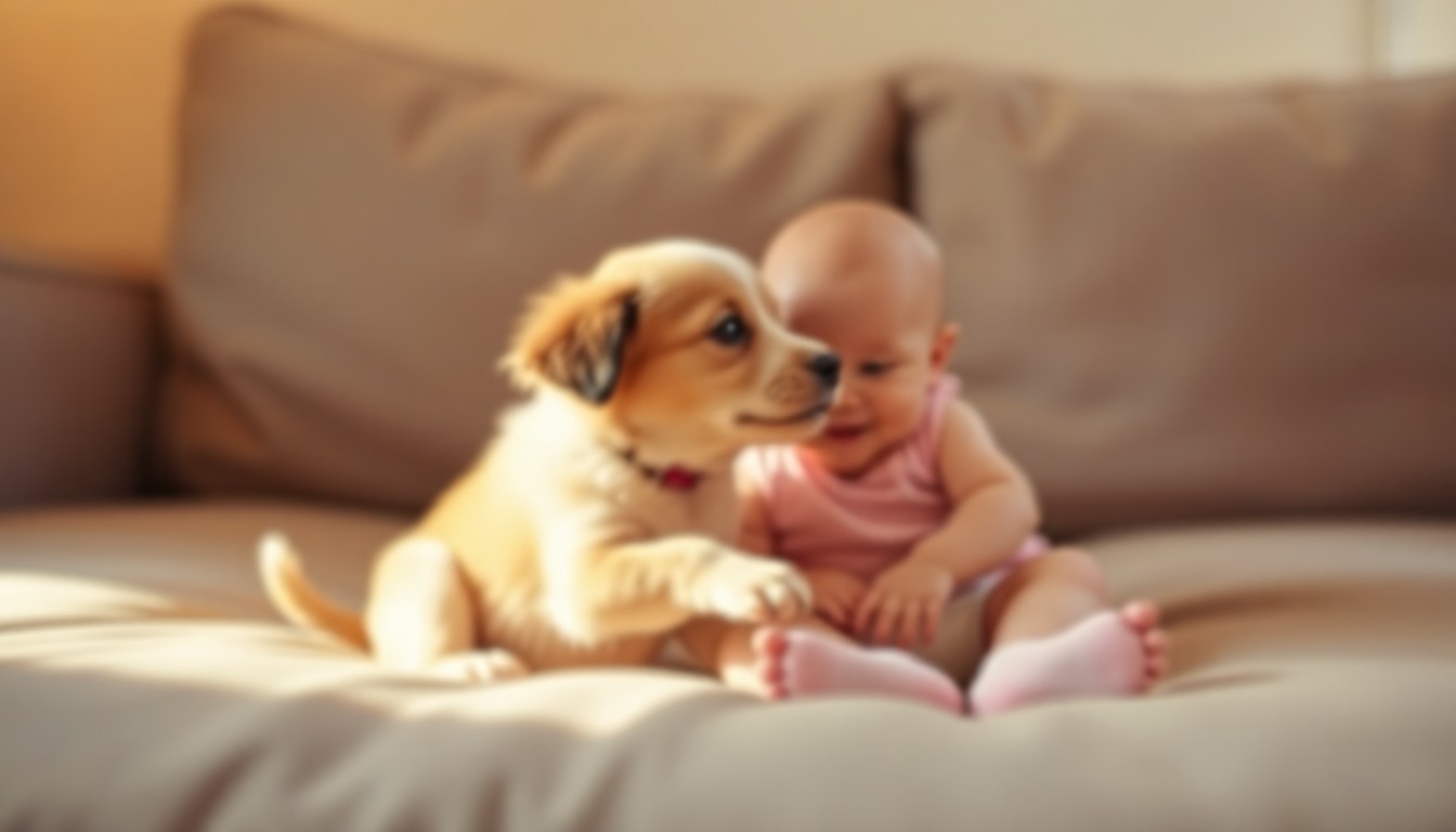An extremely abstracted, out-of-focus photograph in soft pools of warm color and light, depicting the blurred forms of a puppy and baby playing together on a couch, conveying the gentle, affectionate connection between the two.