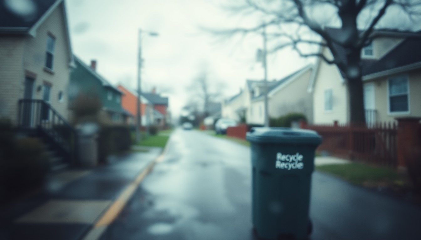 An extremely blurred, out-of-focus photograph of a residential street, with a recycling bin in the foreground, conveying the difficulty of recycling in a rural setting.