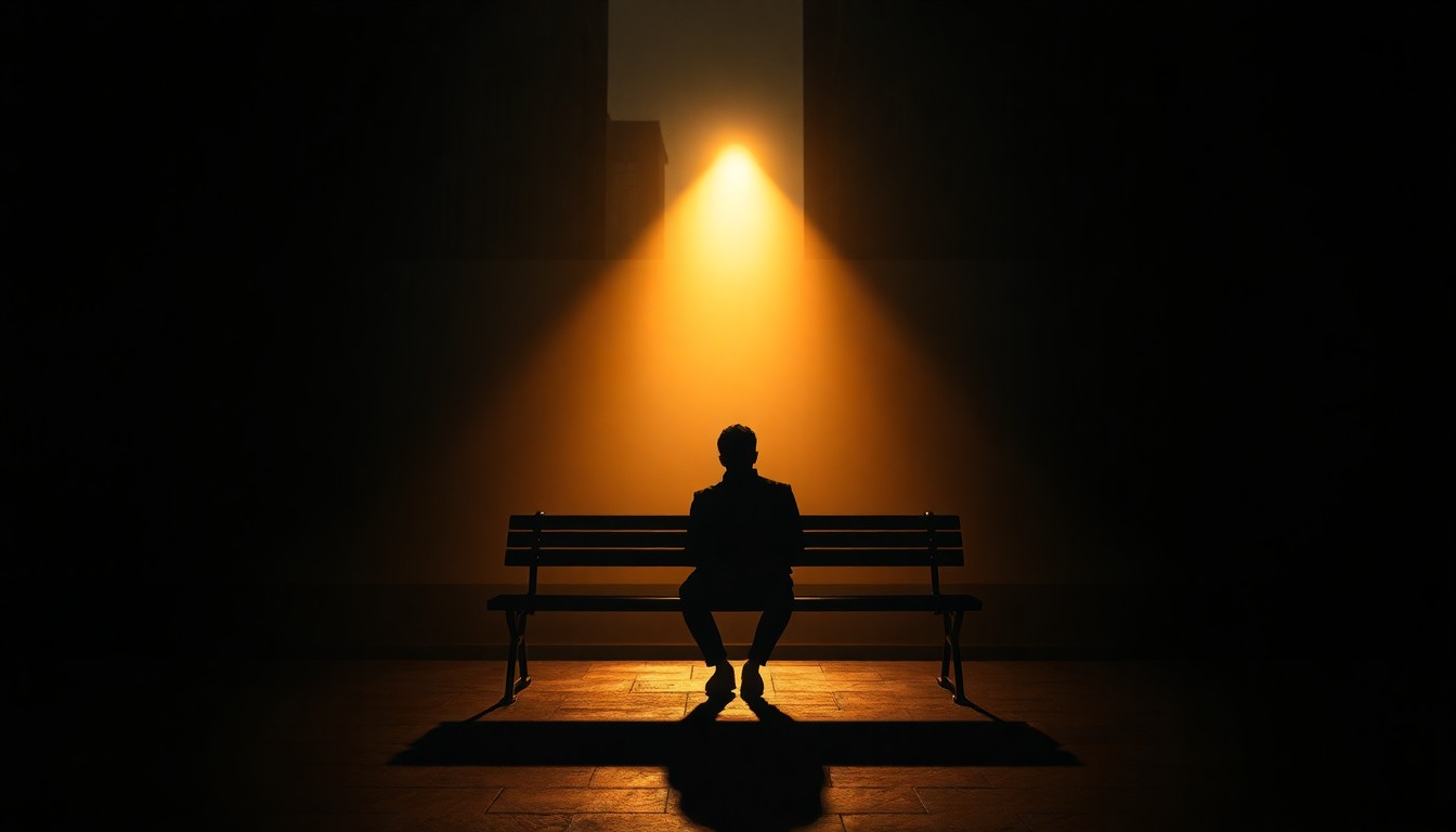 A solitary figure sitting alone on a bench in a dimly lit urban setting, bathed in warm, diagonal sunlight and deep shadows, conceptually representing the somber aftermath of a political assassination attempt.