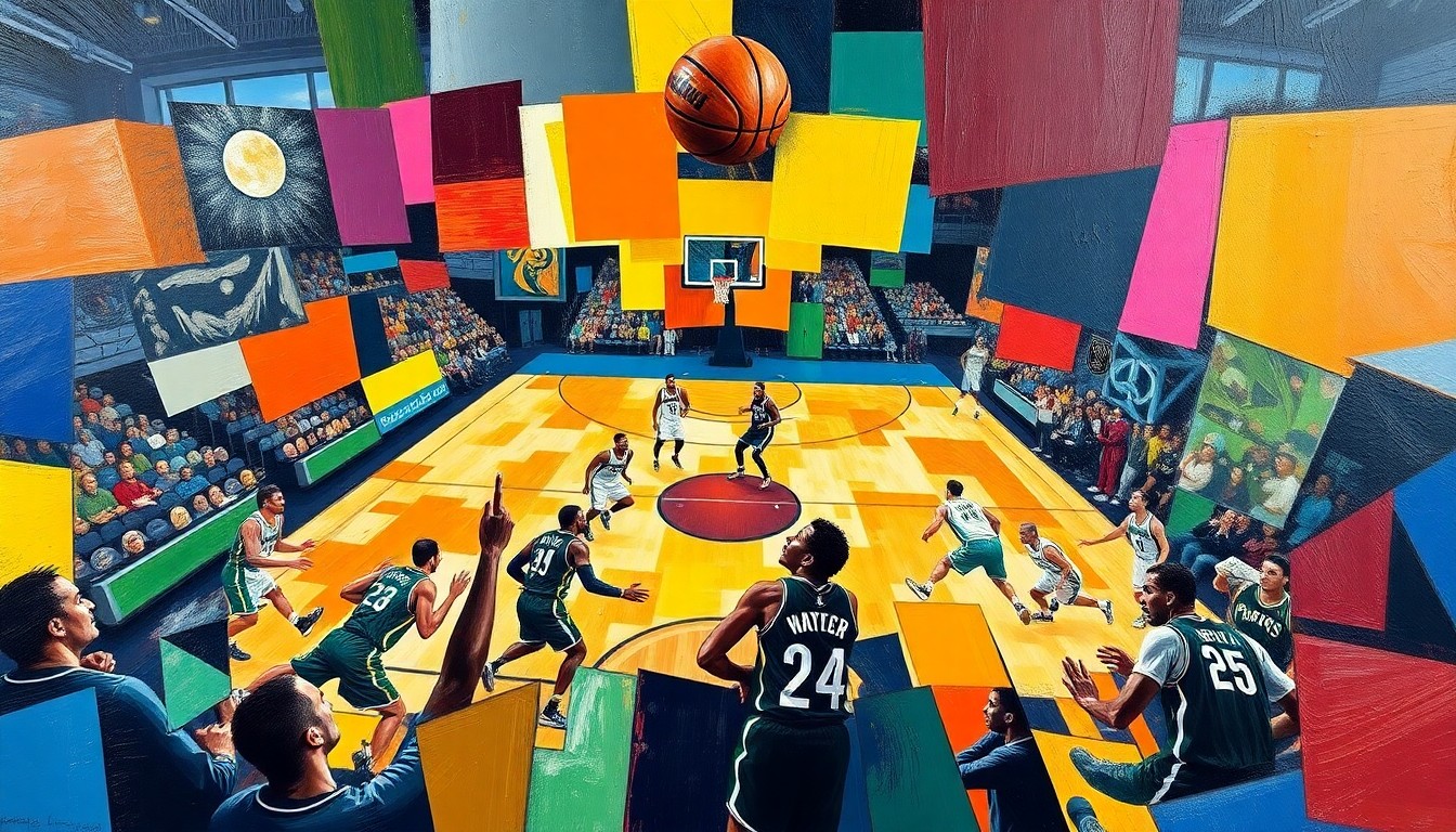 A cubist, geometric painting depicting a basketball game in motion, with fragmented, overlapping shapes and planes of color representing the players and court.