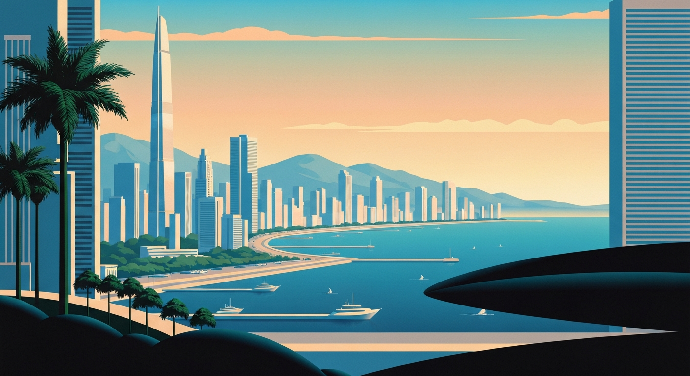 A highly stylized, geometric illustration depicting the sweeping skyline of a coastal city, with towering skyscrapers and gradients of blues and greens evoking the ocean and sky, capturing the grand scale and romance of travel without any literal depictions.