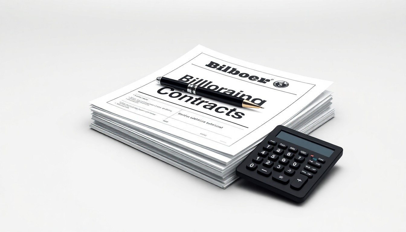 A high-end, photorealistic studio still-life photograph featuring a stack of billboard advertising contracts, a pen, and a calculator on a clean, monochromatic background, symbolizing the business strategy and financial aspects of the outdoor advertising industry.