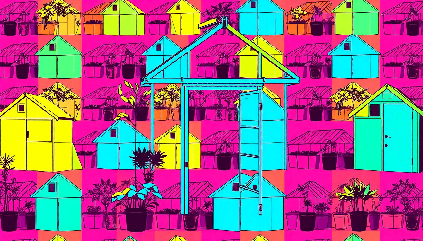 A high-contrast, silkscreen-style illustration featuring a repeated pattern of a greenhouse or potting shed, rendered in bold, neon-like colors to capture the artistic spirit of this historic property renovation.
